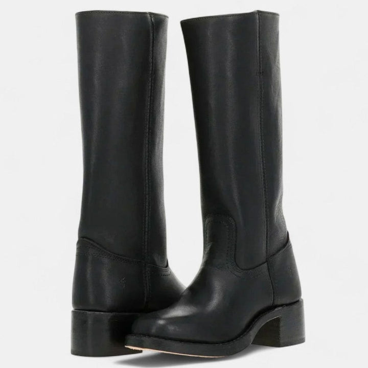 Women's Knee-High Riding-Inspired Block Heel Leather Boots - Black