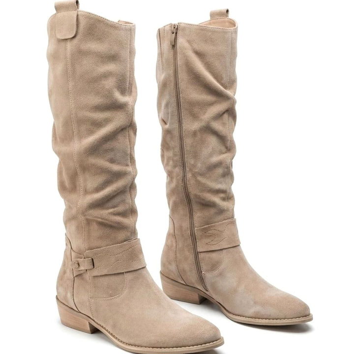 Women's Knee-High Slouch Boots Block Heel Ankle Strap Side Zip - Beige