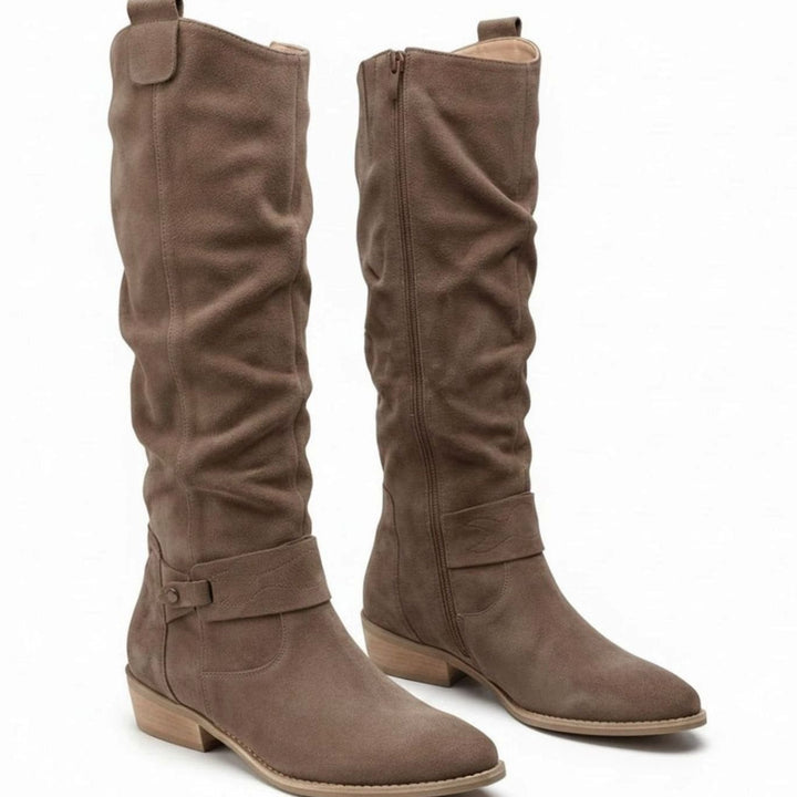 Women's Knee-High Slouch Boots Block Heel Ankle Strap Side Zip - Taupe