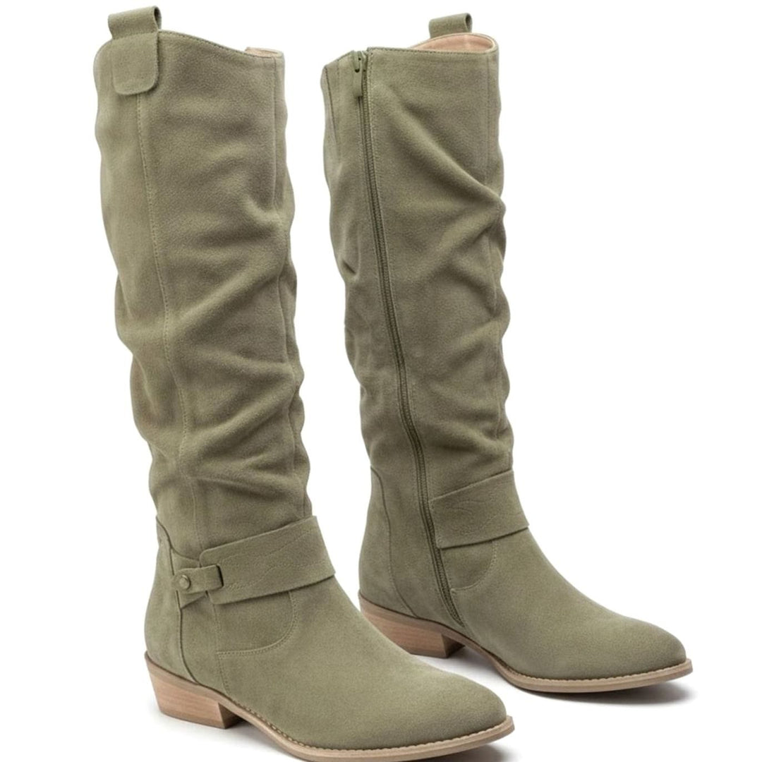 Women's Knee-High Slouch Boots Block Heel Ankle Strap Side Zip - Dark Green