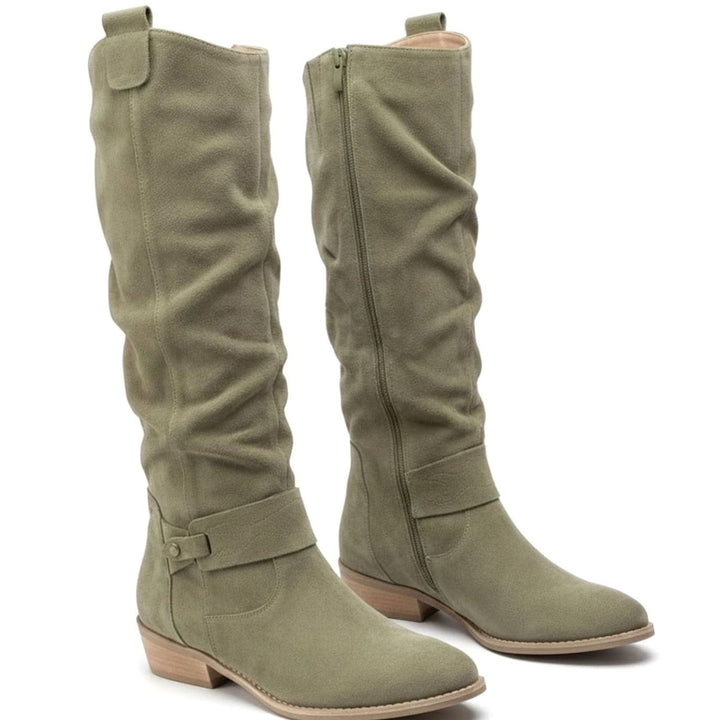 Women's Knee-High Slouch Boots Block Heel Ankle Strap Side Zip - Dark Green