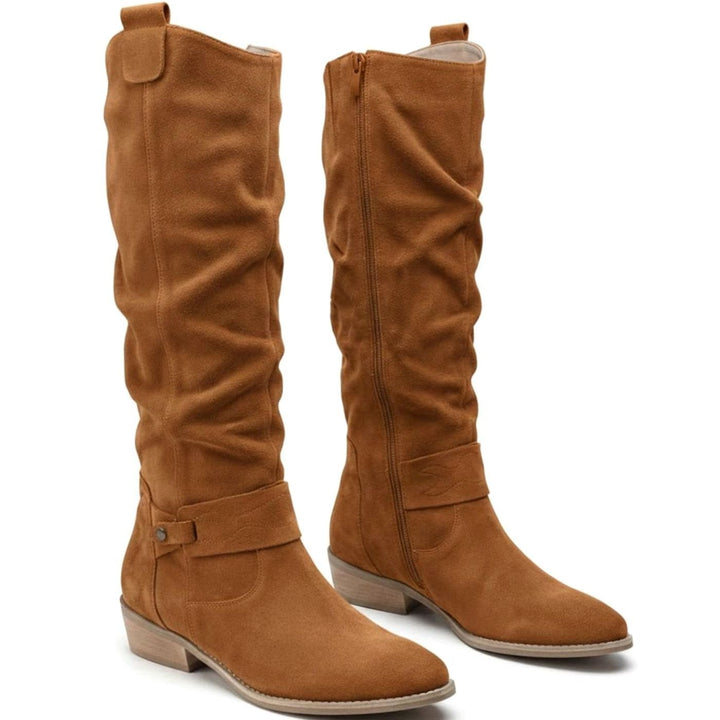 Women's Knee-High Slouch Boots Block Heel Ankle Strap Side Zip - Light Brown