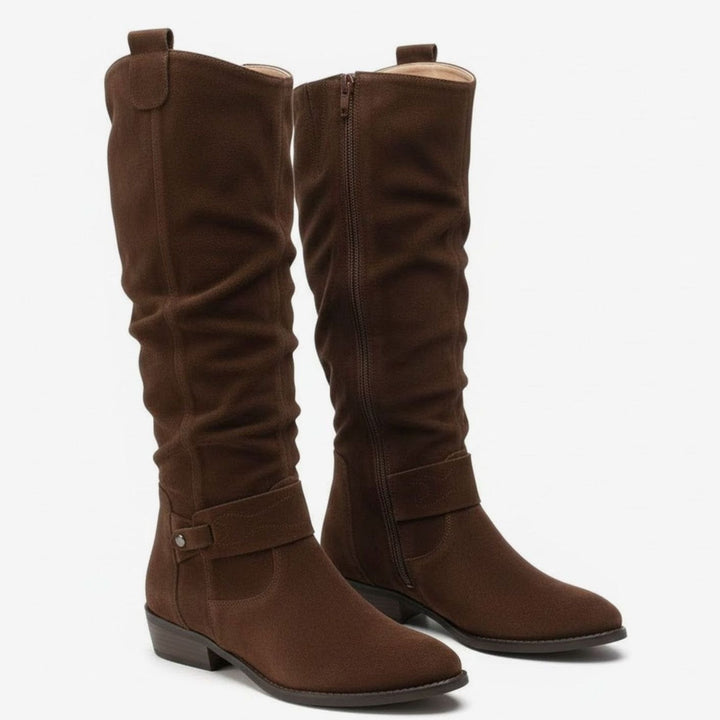 Women's Knee-High Slouch Boots Block Heel Ankle Strap Side Zip - Dark Brown