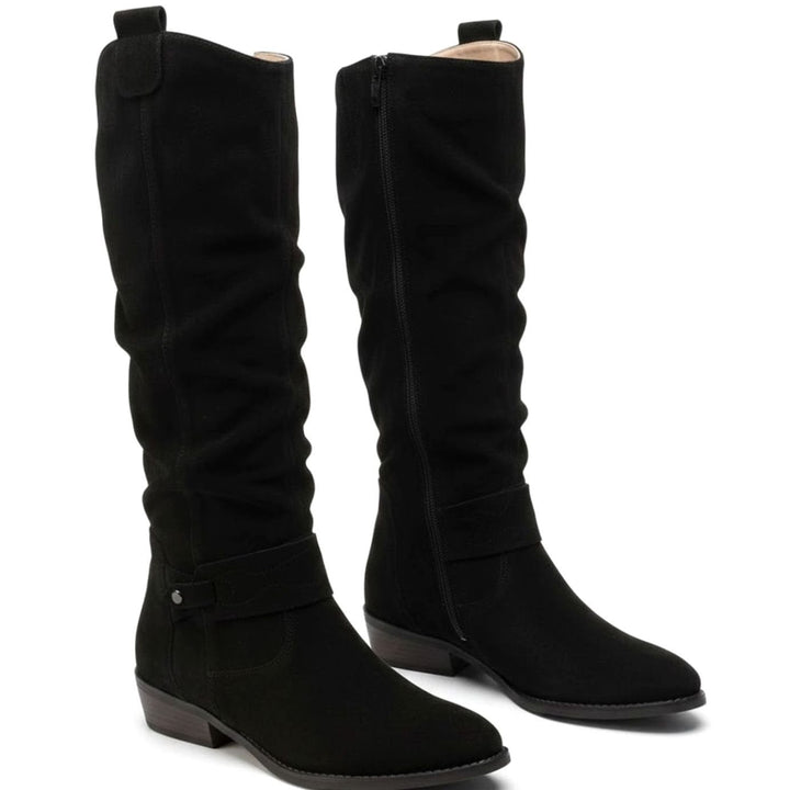 Women's Knee-High Slouch Boots Block Heel Ankle Strap Side Zip - Black