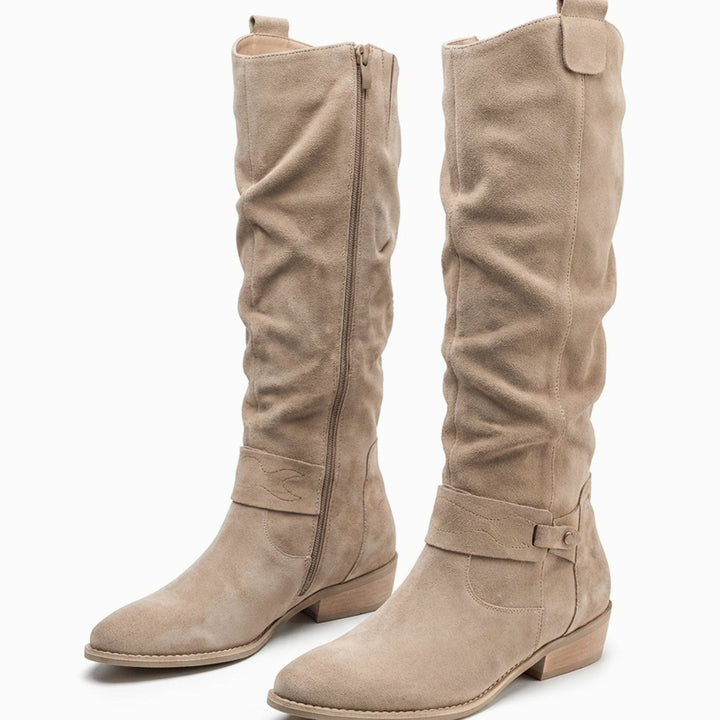 Women's Knee-High Slouch Boots Block Heel Ankle Strap Side Zip