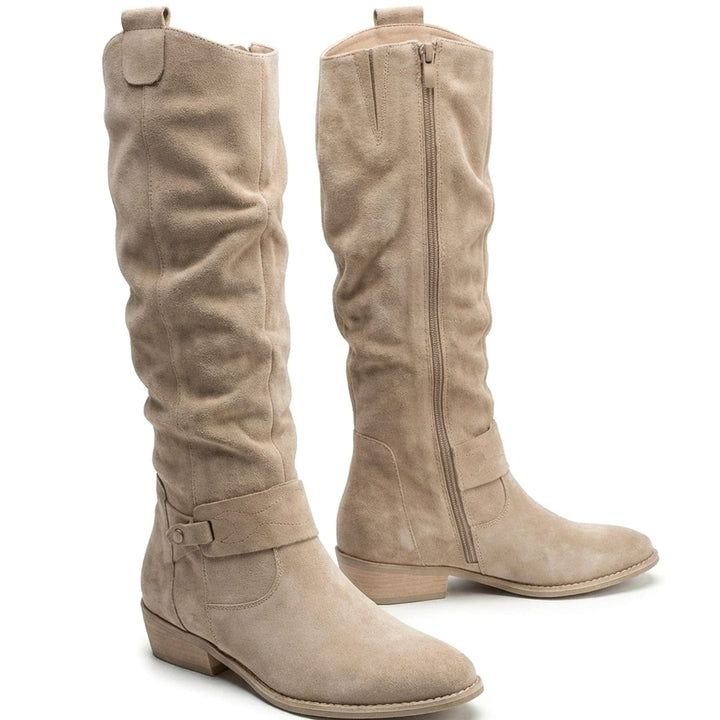 Women's Knee-High Slouch Boots Block Heel Ankle Strap Side Zip