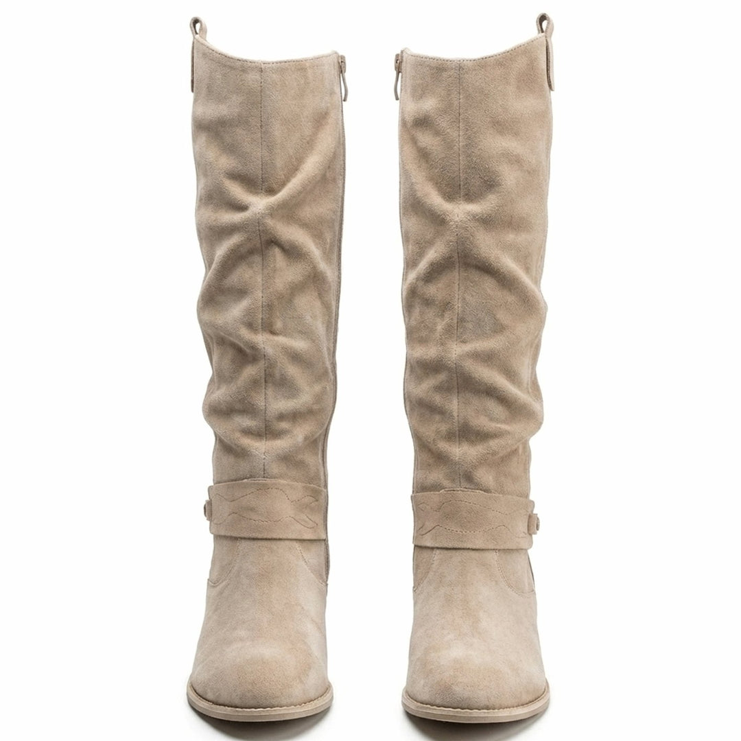 Women's Knee-High Slouch Boots Block Heel Ankle Strap Side Zip