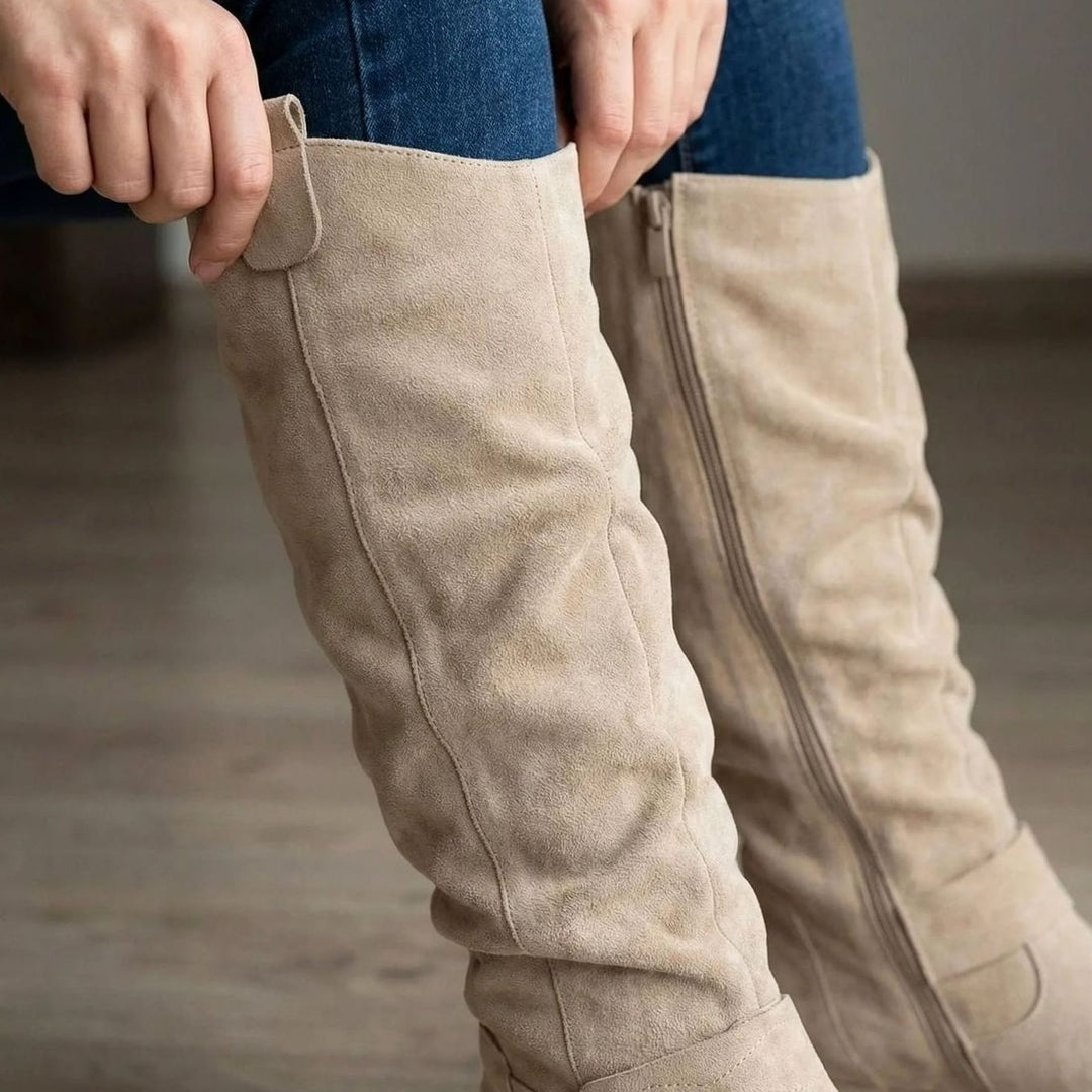 Women's Knee-High Slouch Boots Block Heel Ankle Strap Side Zip