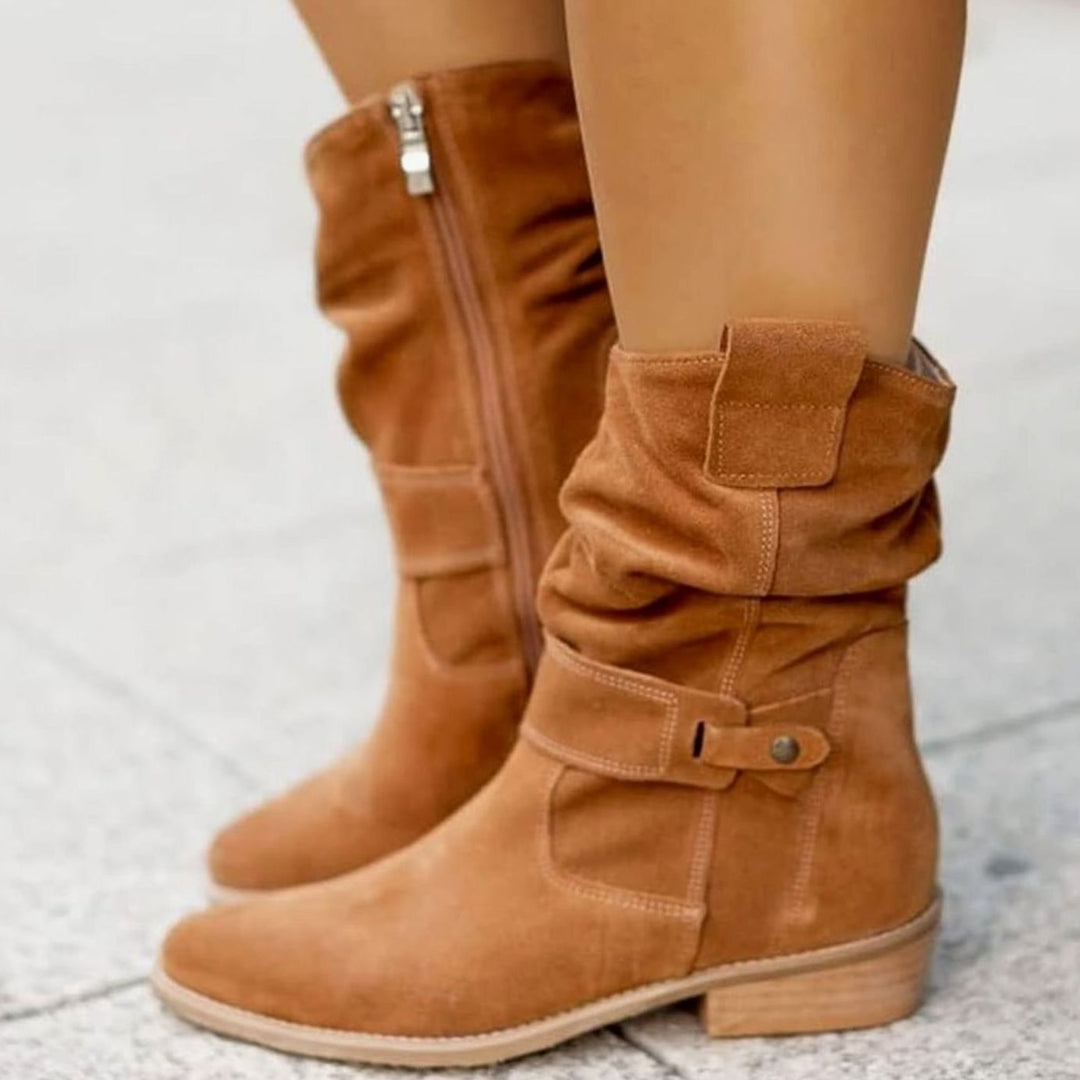 Women's Knee-High Slouch Faux-Suede Flat Buckle Boots - Tan