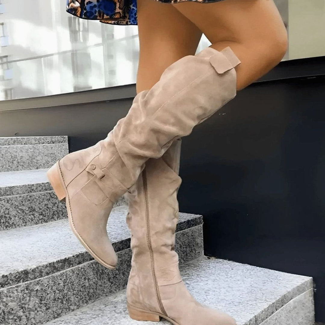 Women's Knee-High Slouch Faux-Suede Flat Buckle Boots - Beige