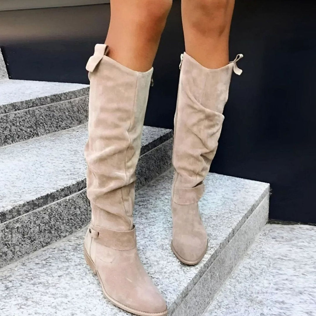 Women's Knee-High Slouch Faux-Suede Flat Buckle Boots
