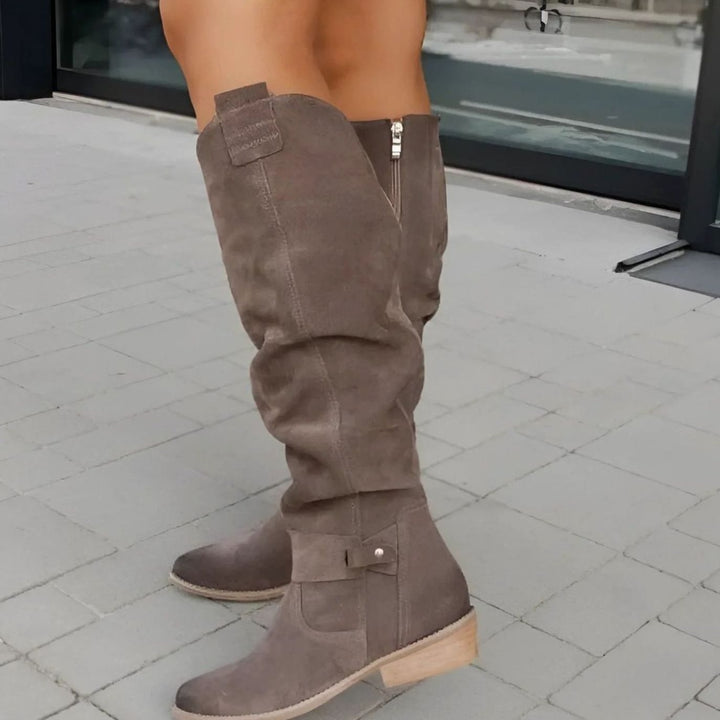 Women's Knee-High Slouch Faux-Suede Flat Buckle Boots