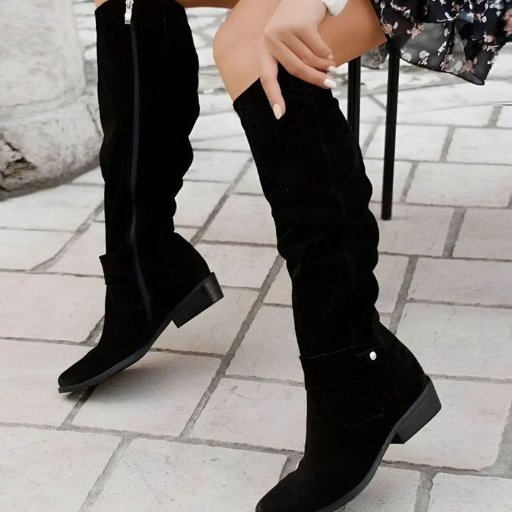 Women's Knee-High Slouch Faux-Suede Flat Buckle Boots