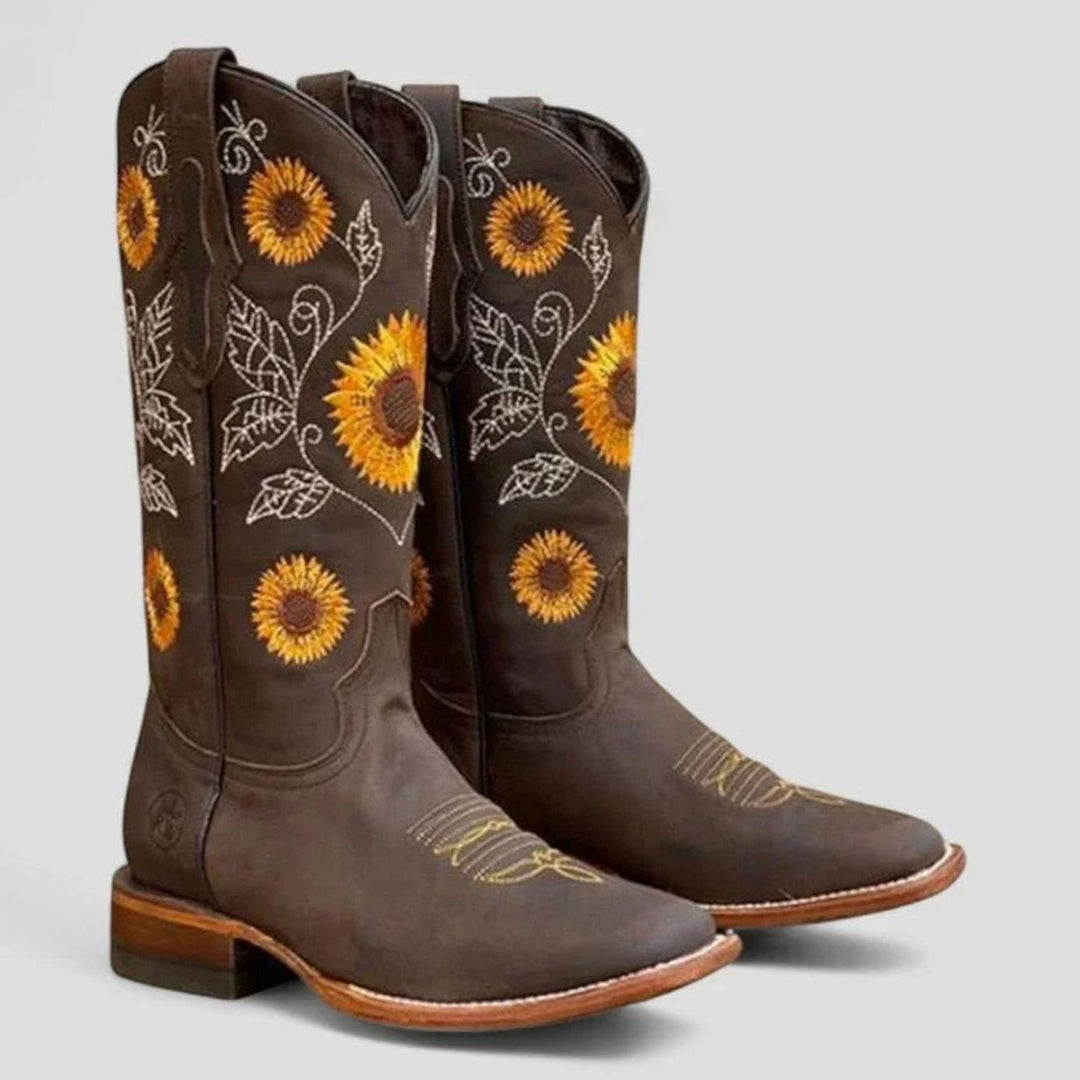 Women's Knee-High Sunflower Embroidered Low-Heel Western Boots