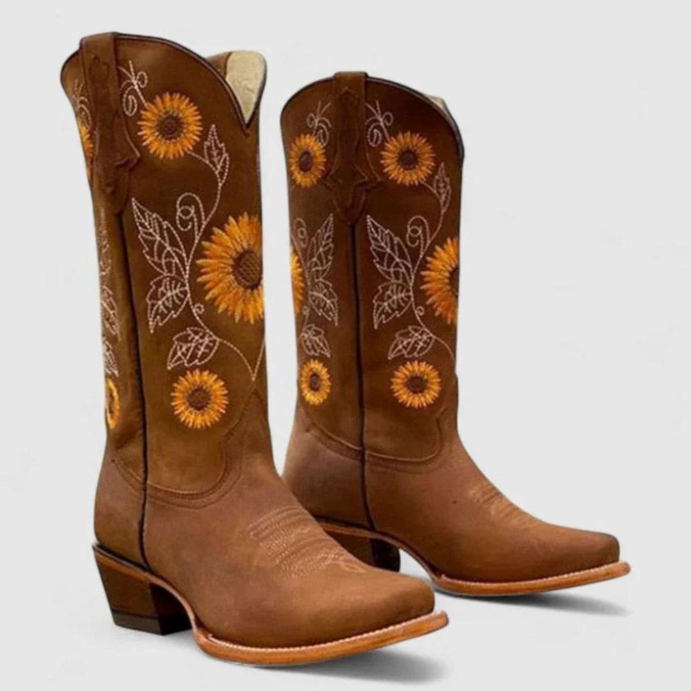 Women's Knee-High Sunflower Embroidered Low-Heel Western Boots