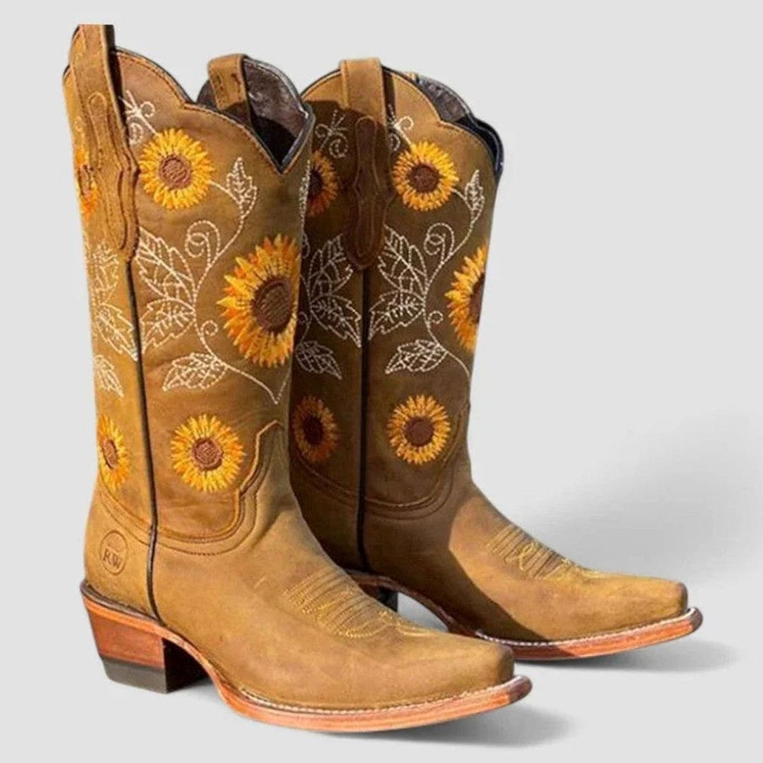 Women's Knee-High Sunflower Embroidered Low-Heel Western Boots