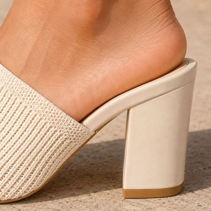 Women's Knit Block-Heel Slip-On Mule Sandals Square Toe