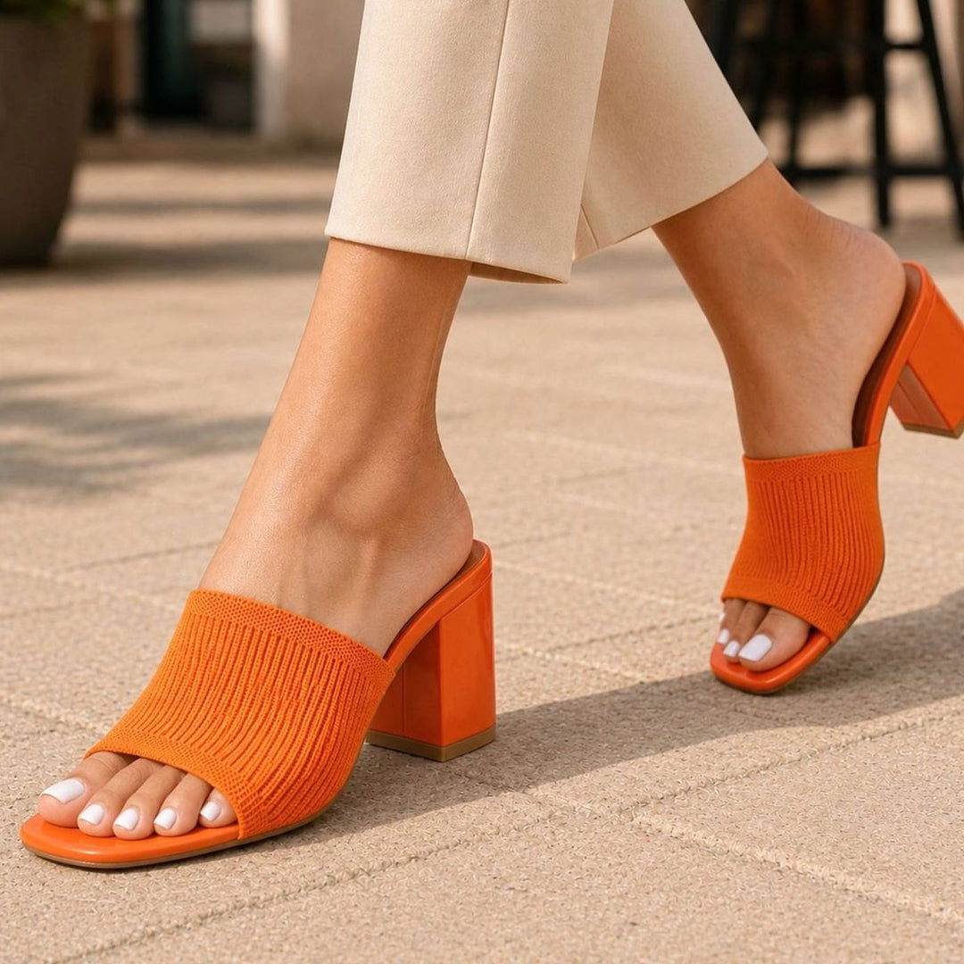 Women's Knit Block-Heel Slip-On Mule Sandals Square Toe