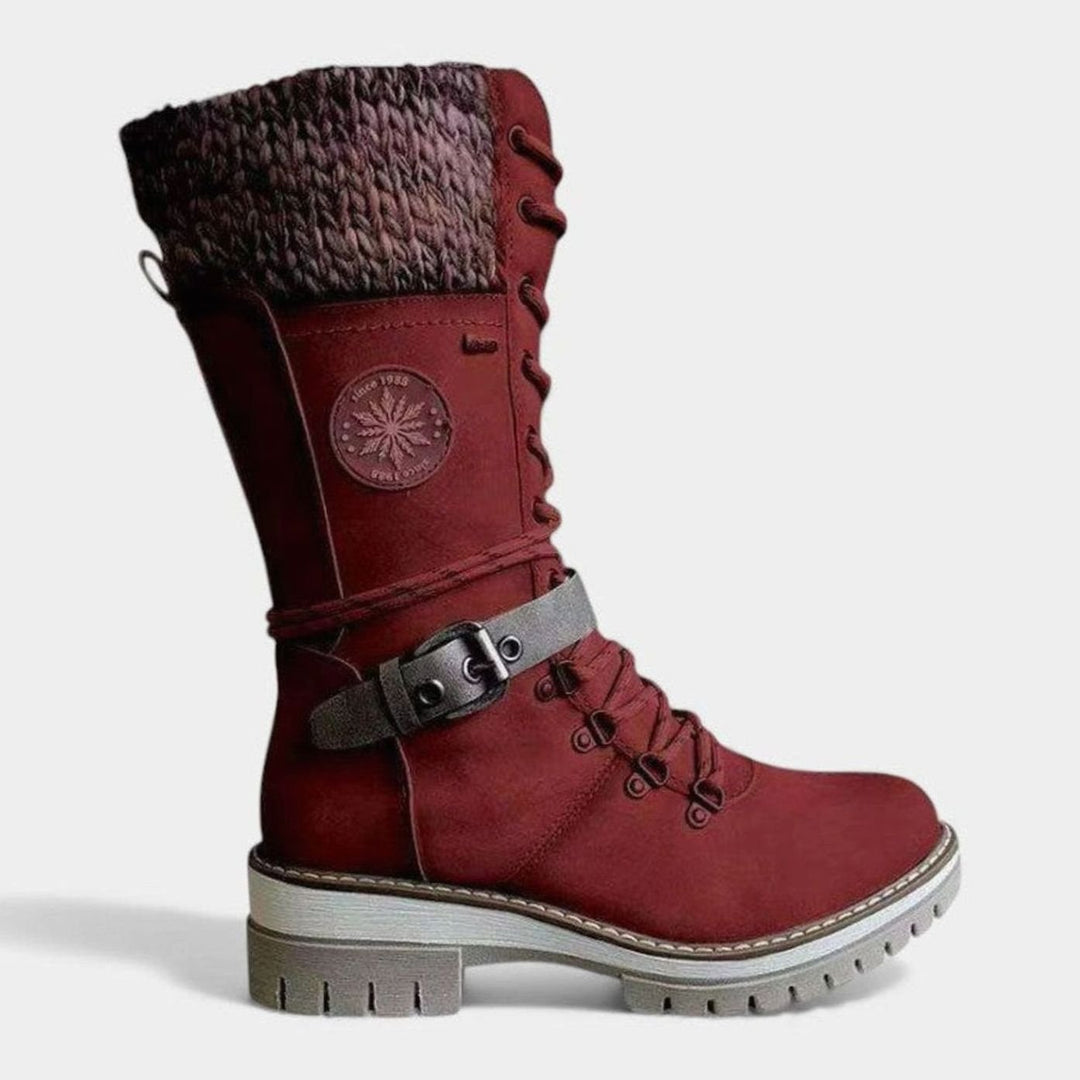 Women's Knit Cuff Lace-Up Buckle Mid-Calf Winter Boots