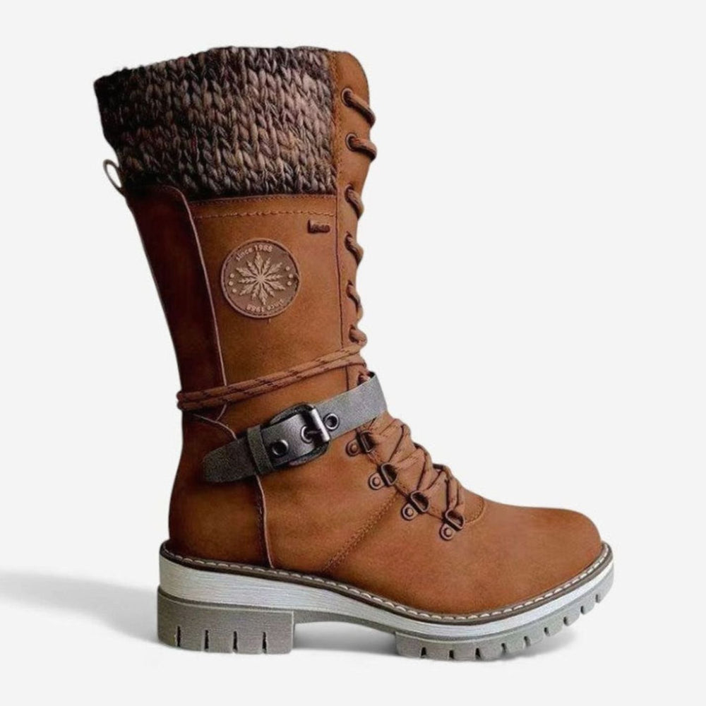 Women's Knit Cuff Lace-Up Buckle Mid-Calf Winter Boots