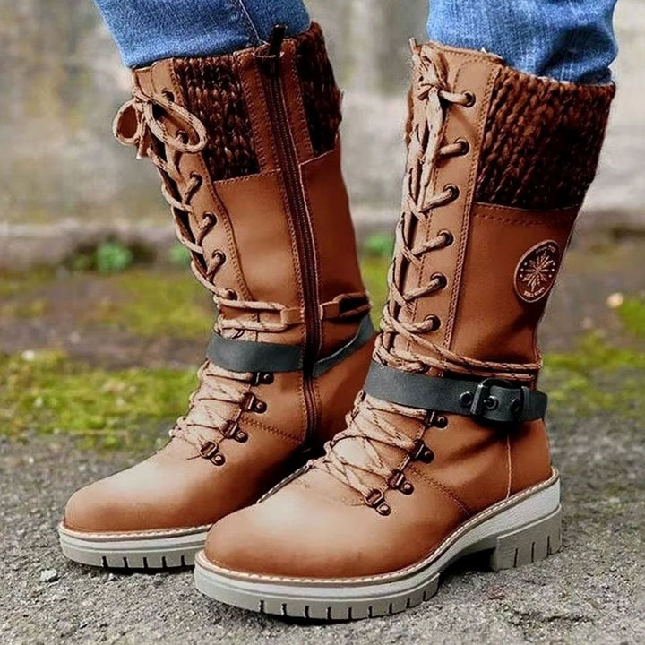Women's Knit Cuff Lace-Up Buckle Mid-Calf Winter Boots