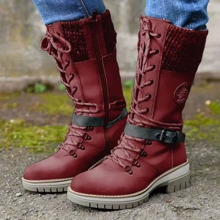 Women's Knit Cuff Lace-Up Buckle Mid-Calf Winter Boots