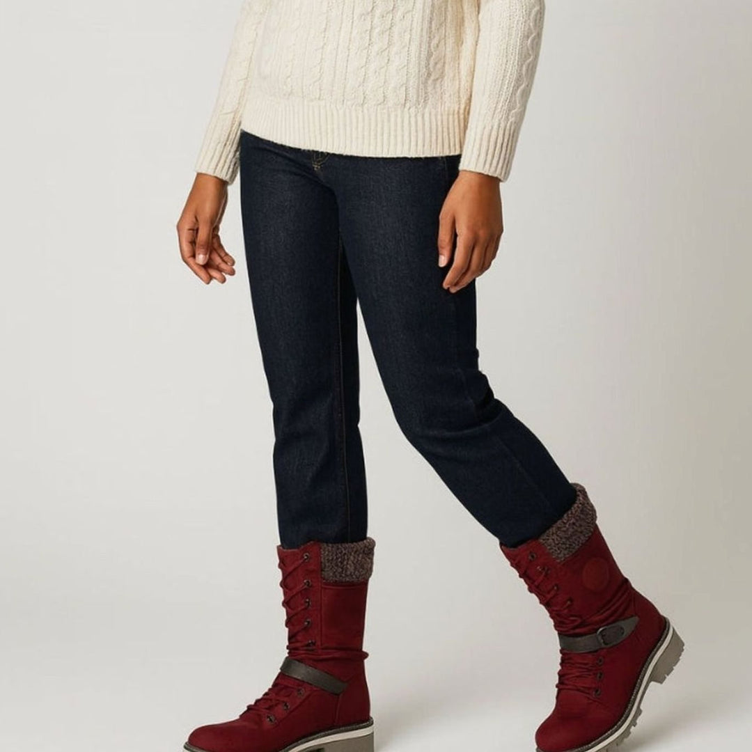 Women's Knit Cuff Lace-Up Buckle Mid-Calf Winter Boots