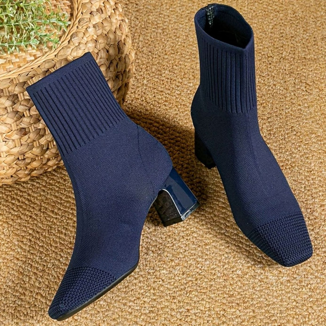 Women's Knit Sock Ankle Boots Square-Toe Block Heel - Blue