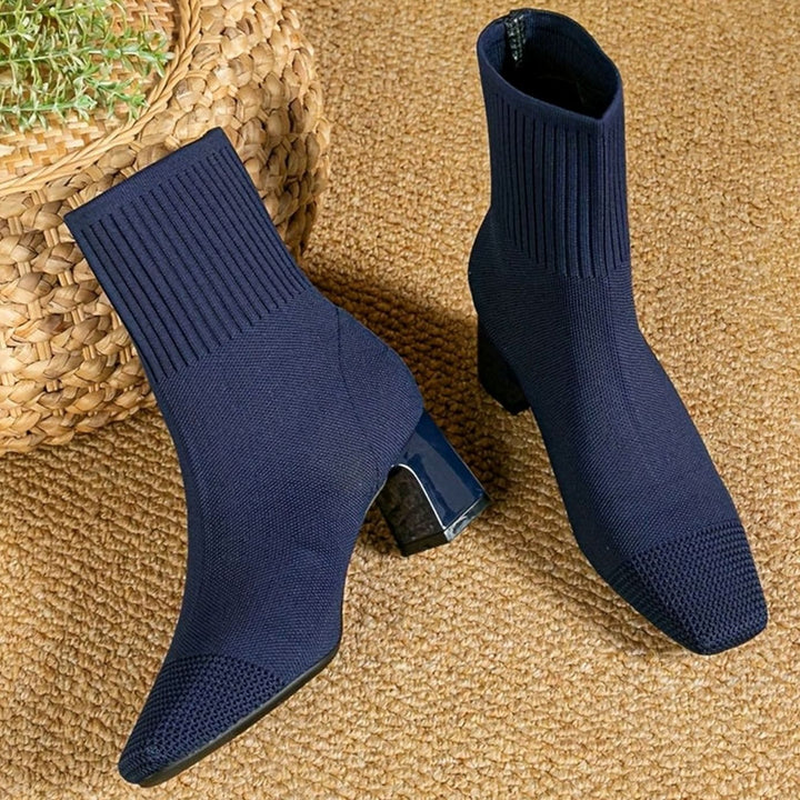 Women's Knit Sock Ankle Boots Square-Toe Block Heel - Blue