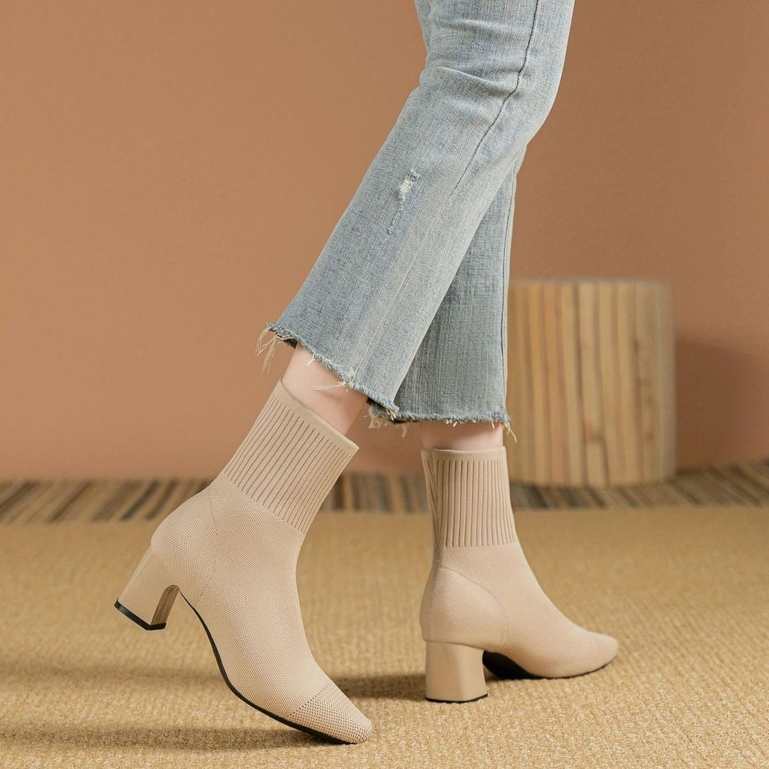 Women's Knit Sock Ankle Boots Square-Toe Block Heel
