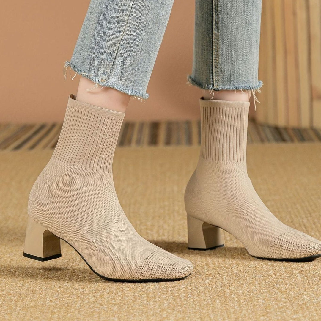 Women's Knit Sock Ankle Boots Square-Toe Block Heel - Beige