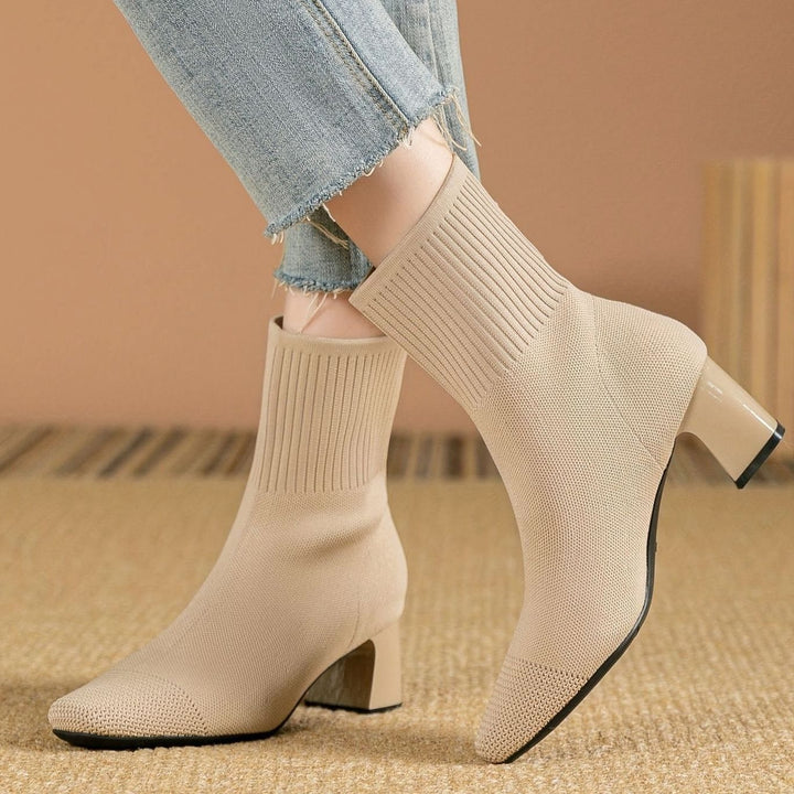 Women's Knit Sock Ankle Boots Square-Toe Block Heel