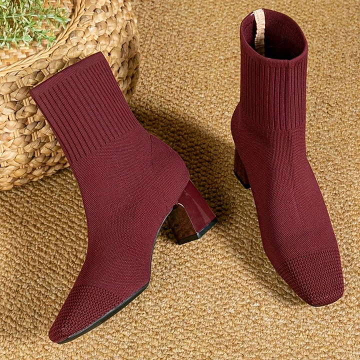 Women's Knit Sock Ankle Boots Square-Toe Block Heel - Red