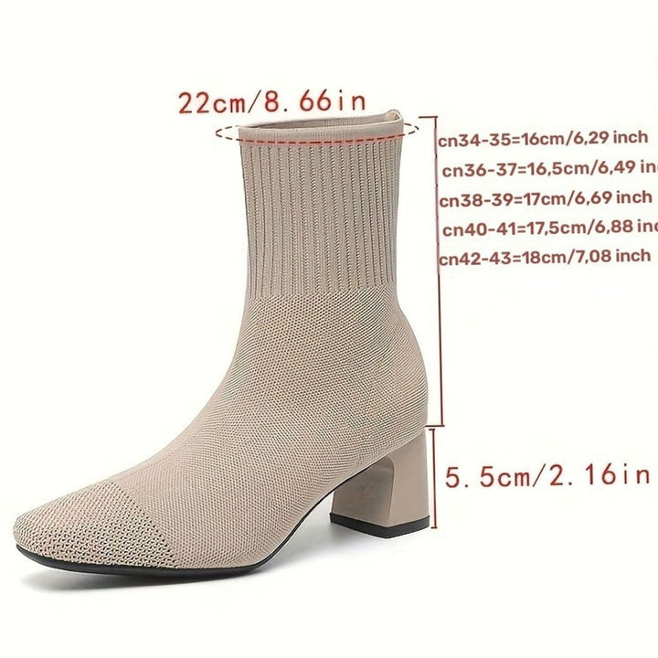 Women's Knit Sock Ankle Boots Square-Toe Block Heel