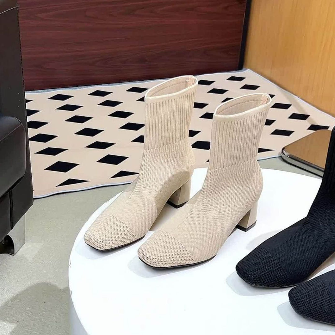 Women's Knit Sock Ankle Boots Square-Toe Block Heel