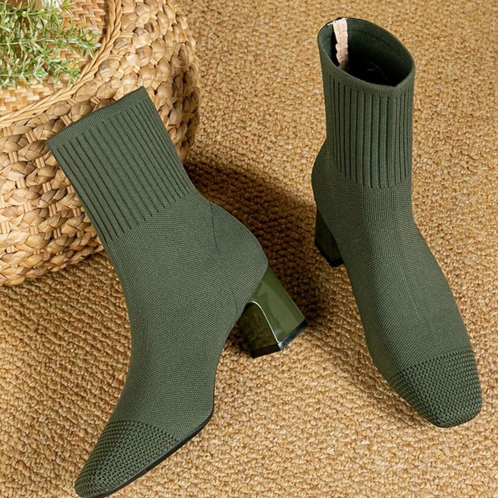 Women's Knit Sock Ankle Boots Square-Toe Block Heel - Green