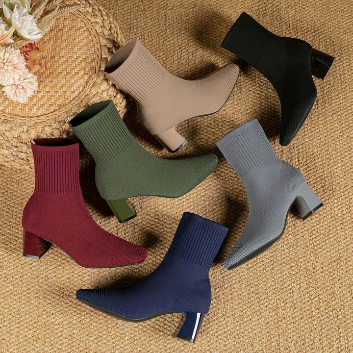 Women's Knit Sock Ankle Boots Square-Toe Block Heel