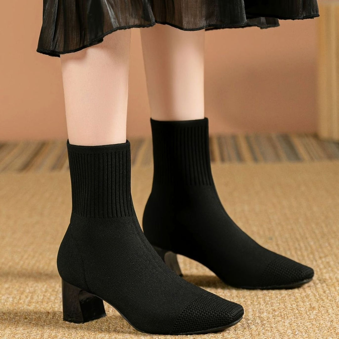 Women's Knit Sock Ankle Boots Square-Toe Block Heel