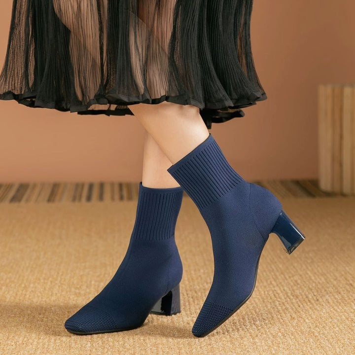 Women's Knit Sock Ankle Boots Square-Toe Block Heel