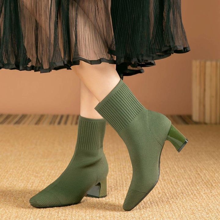 Women's Knit Sock Ankle Boots Square-Toe Block Heel