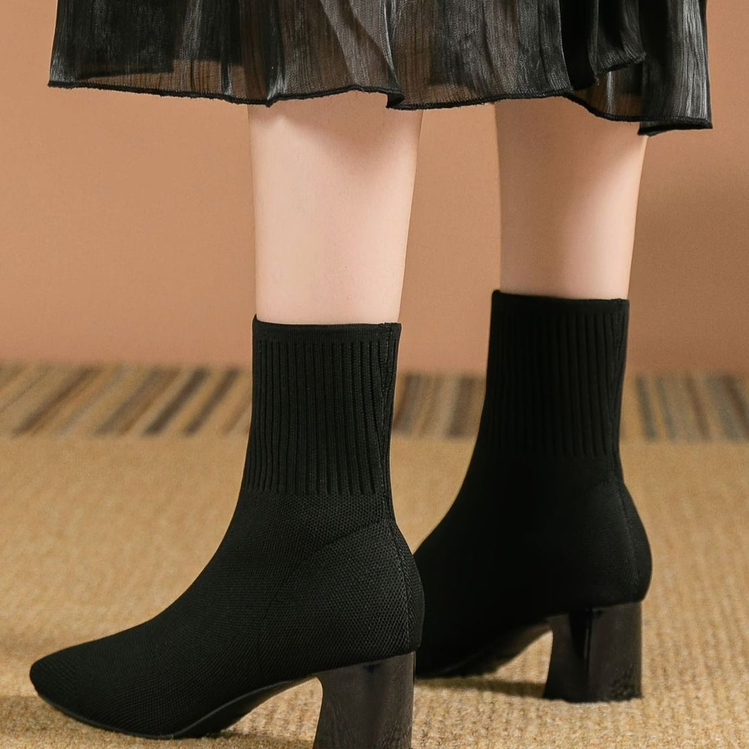 Women's Knit Sock Ankle Boots Square-Toe Block Heel - Black