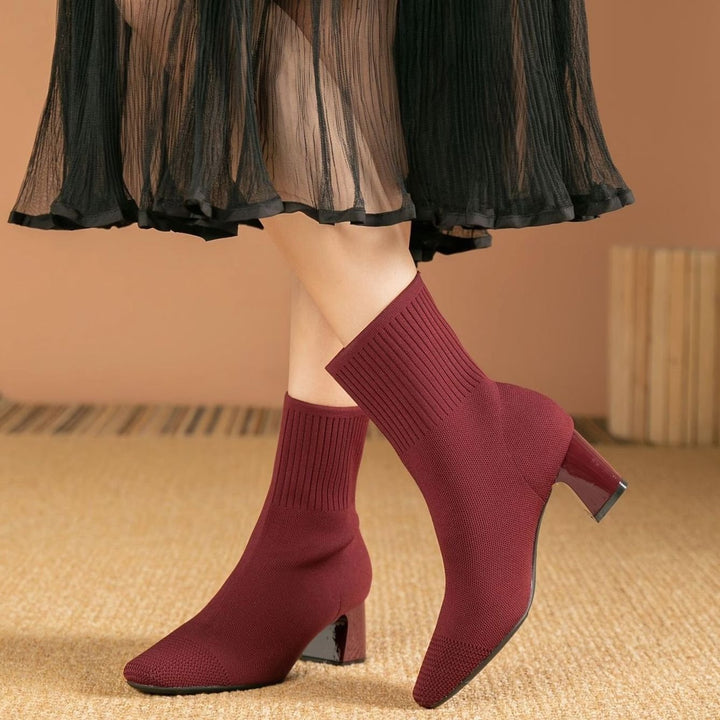 Women's Knit Sock Ankle Boots Square-Toe Block Heel