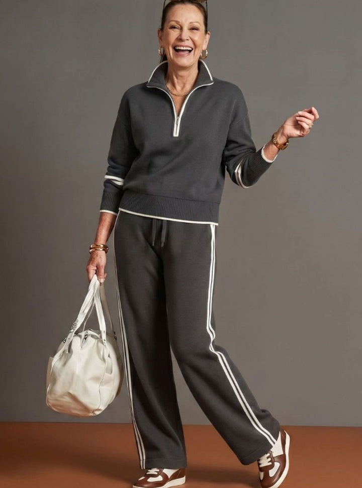 Women's Knitted Quarter-Zip Wide-Leg Striped Loungewear Co-ord Set, Brown