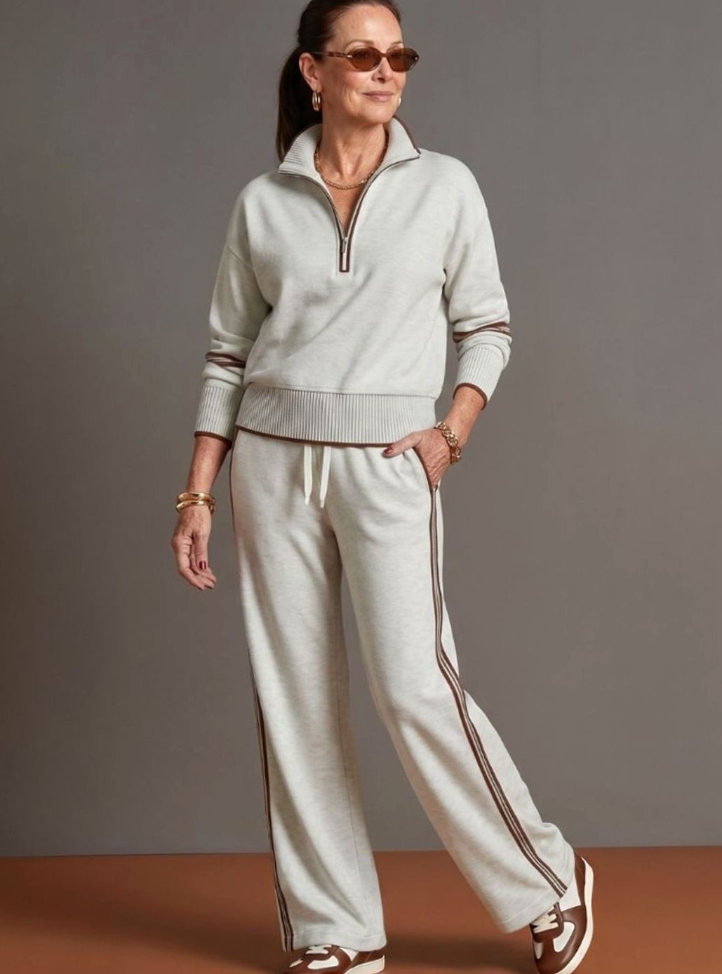Women's Knitted Quarter-Zip Wide-Leg Striped Loungewear Co-ord Set, Brown