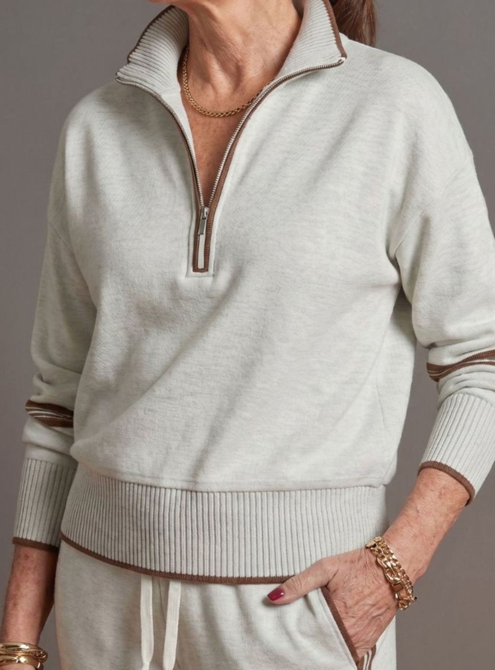 Women's Knitted Quarter-Zip Wide-Leg Striped Loungewear Co-ord Set