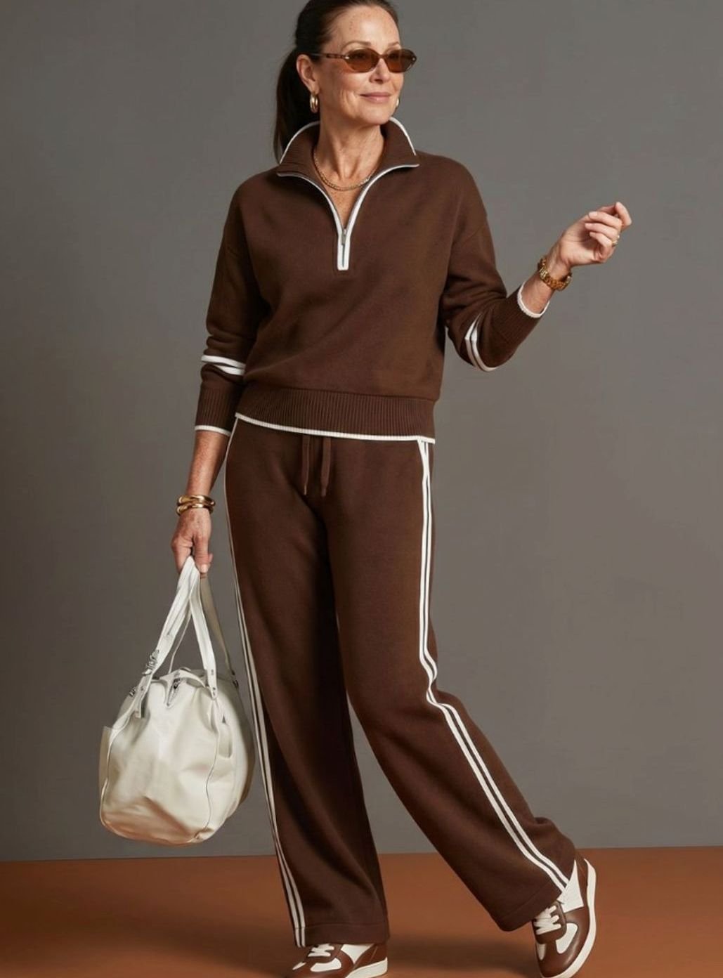 Women's Knitted Quarter-Zip Wide-Leg Striped Loungewear Co-ord Set, Brown