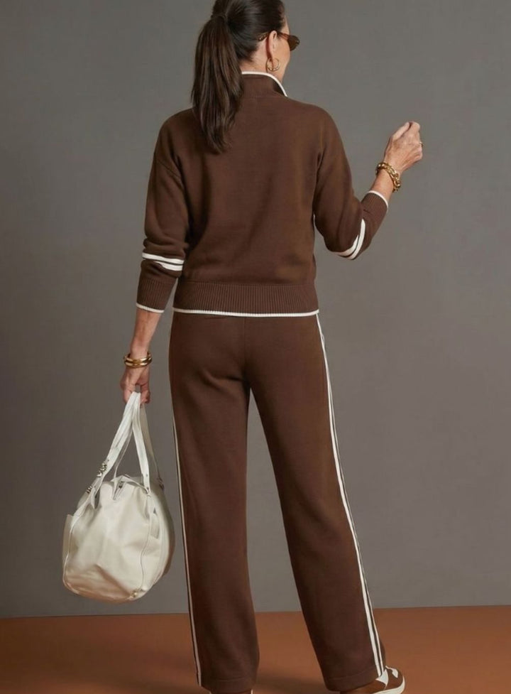 Women's Knitted Quarter-Zip Wide-Leg Striped Loungewear Co-ord Set, Brown