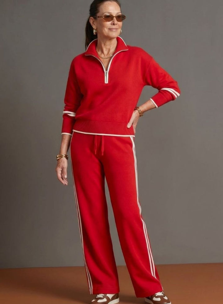 Women's Knitted Quarter-Zip Wide-Leg Striped Loungewear Co-ord Set, Brown