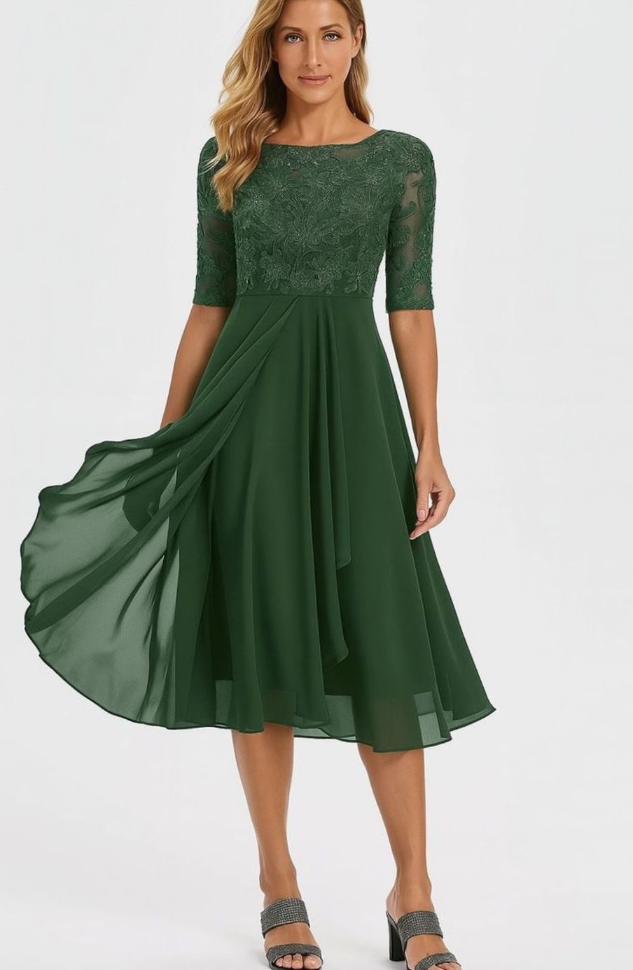 Women's Lace Bodice Chiffon A-Line Midi Occasion Dress