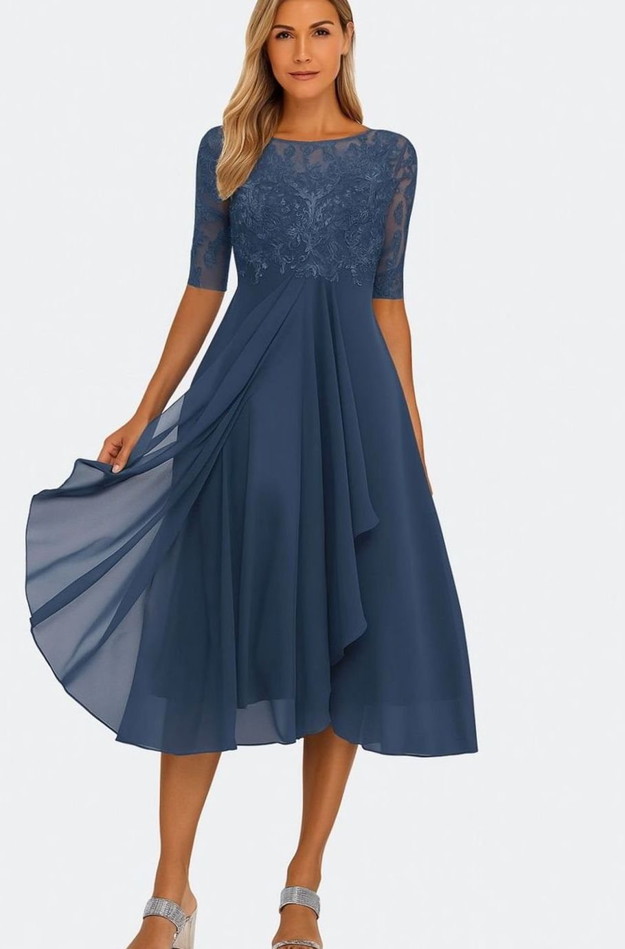 Women's Lace Bodice Chiffon A-Line Midi Occasion Dress